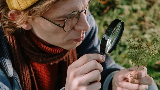 Persona con gorro y gafas sentada en la hierba mirando algo pequeño en su mano con una lupa